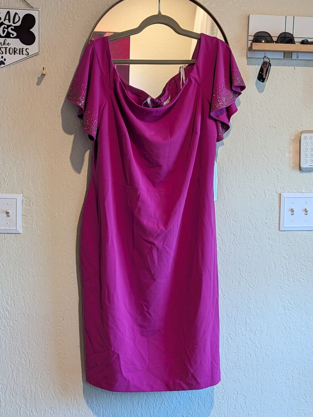 Calvin Klein Womens Sheath Dress 18W Beaded Flutter Sleeve Career Pink $149 NEW
